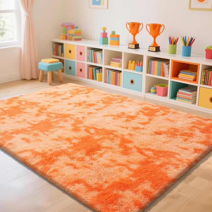 Mottling Orange Fluffy Rug Shag Area Rug, 9x12 Area Rugs for Girls Bedroom, Big Soft Shag Bedside Non-Slip Plush Dorm Carpet Home Decor Aesthetic