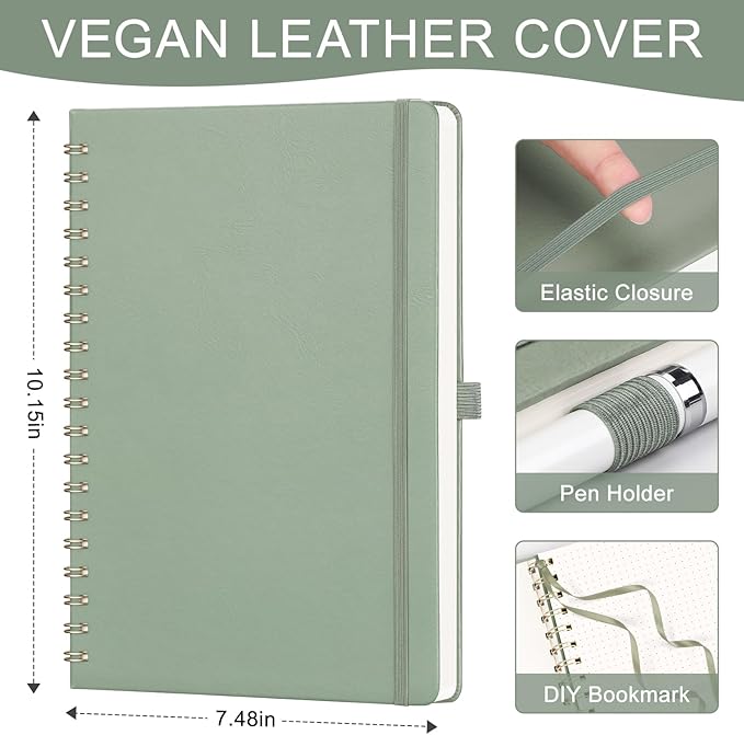 AHGXG HGXG Dotted Journal Spiral Notebook, Large B5 Dotted Notebook 140 Pages, Leather Hardcover, 100 GSM Thick Dot Grid Paper, Inner Pocket, for Dotted Journaling, 7.6" x 10", Sage Green