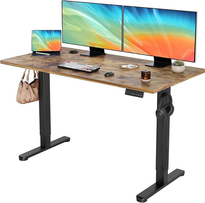 YDN Electric Standing Desk, 55 x 24 Inches Adjustable Height Stand up Desk with Cable Management, Home Office Desks with Splice Board & Frame, Rustic Brown Top