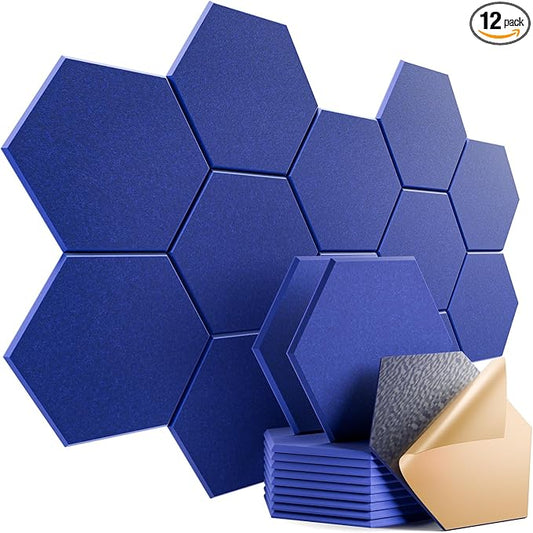 12 Pack Self-Adhesive Acoustic Panels 12" X 10" X 0.4" - Sound Proof Foam Panels with High Density, Hexagonal Design, Flame Resistant, Absorb Noise and Eliminate Echoes(Telecom Blue)