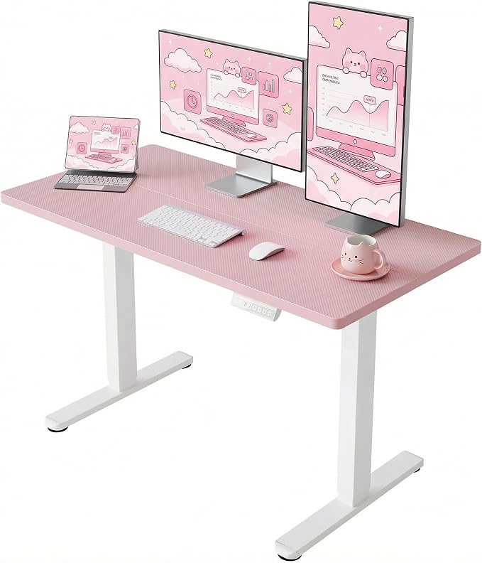 HUANUO Electric Standing Desk, 55" x 28" Height Adjustable Desk, 4 Memory Height Settings, Sit to Stand Up Desk for Home Office, with Headphone Hook, Cable Manager, Pink