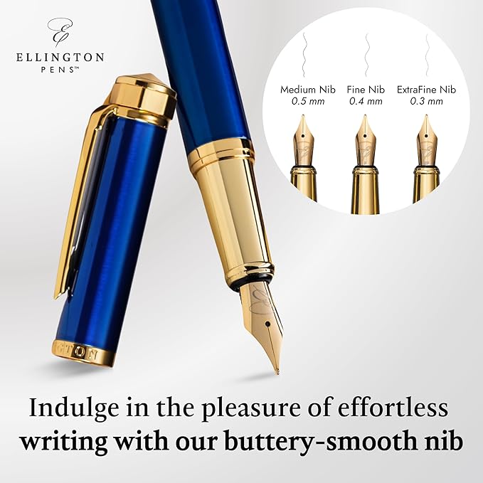 Ellington Pens Luxury Fountain Pen Set - Smooth Fine Nib - Includes 3 Ink Cartridges, Refillable Ink Converter, Gift Box- Fountain Pens For Writing, Calligraphy, Journaling, Sketching (The Nautilus)