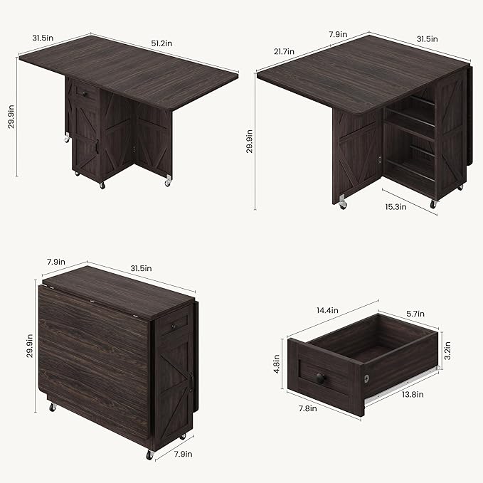 Jocoevol Folding Dining Table for Small Spaces, Space Saving Foldable Kitchen Table with Drawer & 2-Tier Storage Shelf, Rolling Expandable Dining Table with Wheels, Farmhouse, Dark Walnut