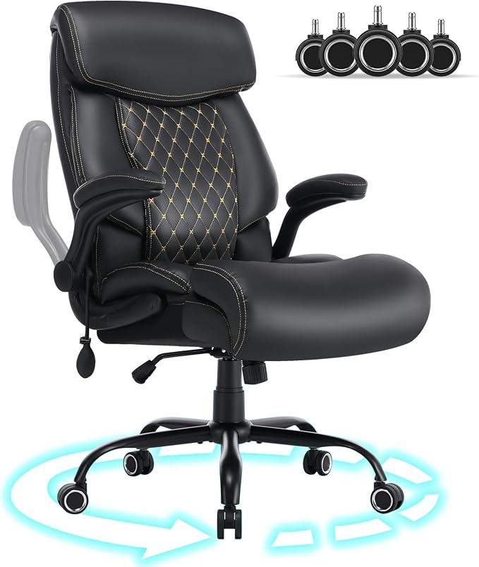 Big and Tall Office Chair 600lbs, Heavy Duty Ergonomic Executive Desk with Adjustable Armrests, Wide Seat, PU Leather Fabric, Air-Adjust Lumbar, Comfortable Office Chair for Heavy People