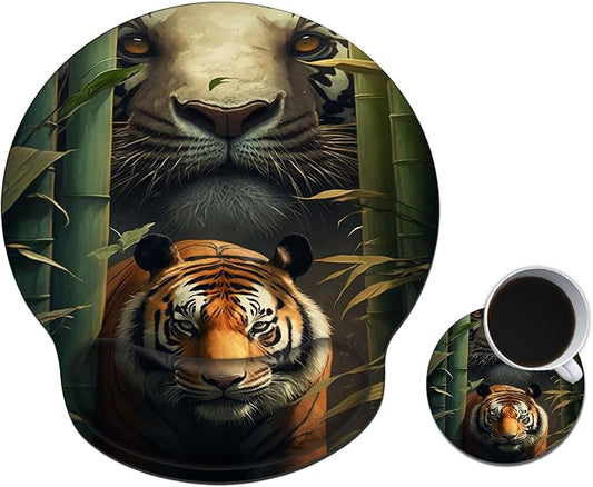 Mouse Pad with Wrist Support Gel, Ergonomic Mouse Pad with Comfortable Wrist Rest, Gaming Mousepad Non-Slip PU Base for Laptop Office Easy Typing & Pain Relief,Forest Cat & Tiger