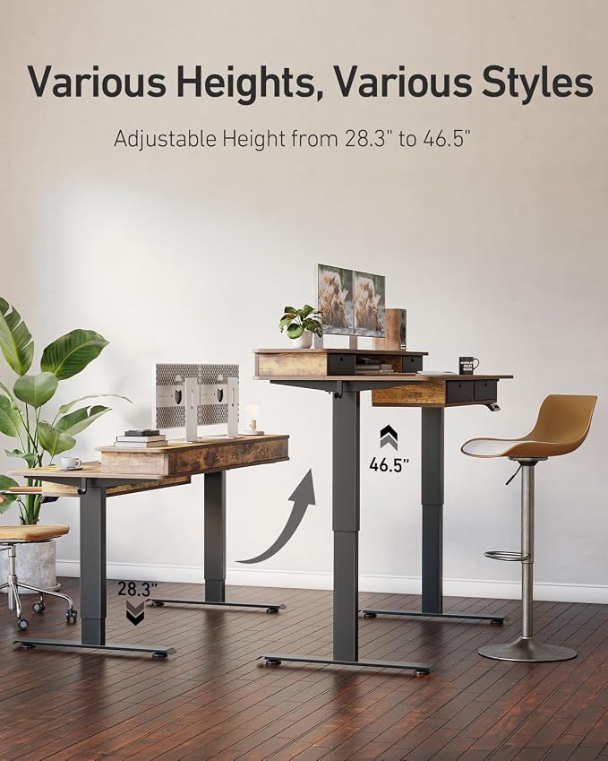 FEZIBO 48 x 24 inch Standing Desk with Drawers, Height Adjustable Electric Workstation, Computer Sit Stand Up Table with Large Storage Shelf 4 Drawers and 2 Hooks, Rustic Brown