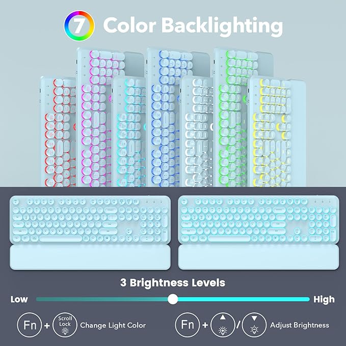 Wireless Keyboard and Mouse Combo, Backlit Round Keycaps, Retro Typewriter Keyboard with Detachable Wrist Rest, Rechargeable & Tilt Legs, 2.4GHz Cordless Connection for Windows/PC (Glowing Blue)