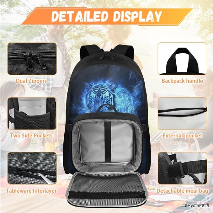Doojoayie Tiger Backpack with Matching Lunch Box for Boys Fashion Lightweight Bookbag Boy Backpacks Ages 8-10 with Top Handles for Back to School