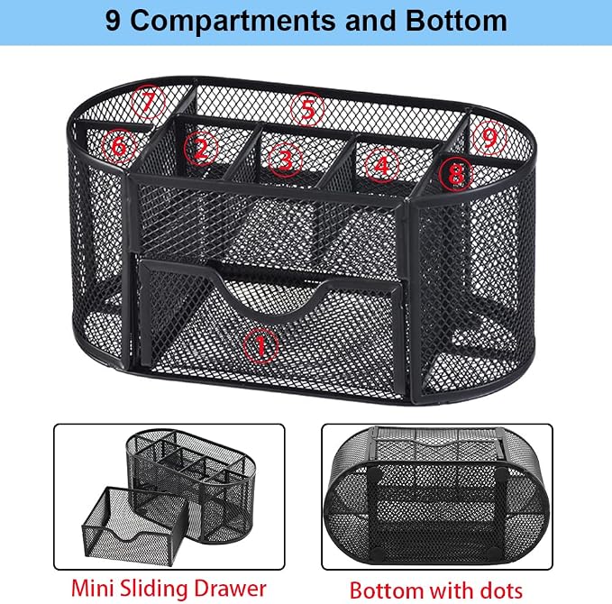 Desk Organizer Stationery Storage, Pencil Holder for Desk, Wire Mesh Office Supplies Desk Accessories Workspace Organizers with 9 Compartments and Mini Drawer (Black)