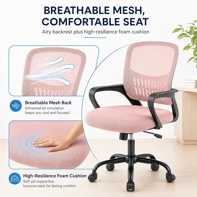 Ergonomic Office Chair, Home Office Desk Chair, Game Chair with Lumbar Support, Breathable Mesh Chairs, Swivel Desk Chairs for Computer, Home, Office, 360° Swivel (Pink)
