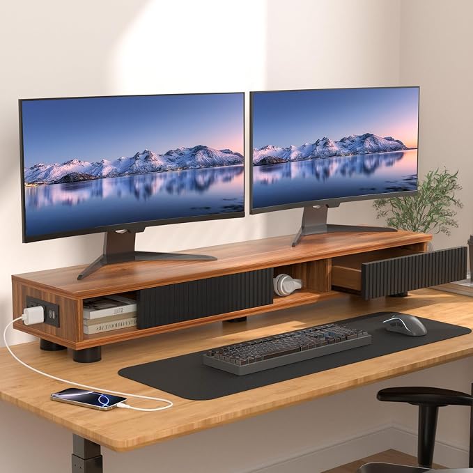 Artswish Dual Monitor Stand with Power Outlet, 42" Walnut Monitor Riser | Built-In Power Outlet, Drawer & Sliding Door Storage, Ergonomic Viewing Height, Walnut Wood Finish, For Office Work & Study