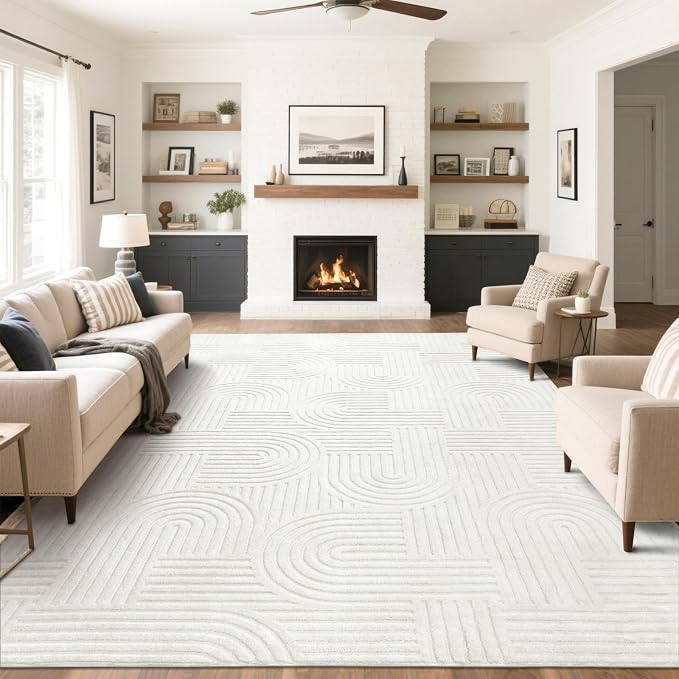 SHACOS Soft Cozy Fluffy Arch Pattern High Low Pile Area Rugs 8'x10' Large Non Slip Washable Modern Geometric Rug Scandinavian Minimalist Carpet for Living Room Bedroom Dining Room, Cream White