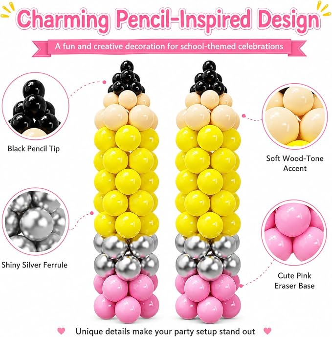 163Pcs Back to School Pencil Balloons, 12Inch Pencil Colorful Balloon DIY Arch Kit, Welcome Back First Day of School Classroom Kindergarten Party Decorations