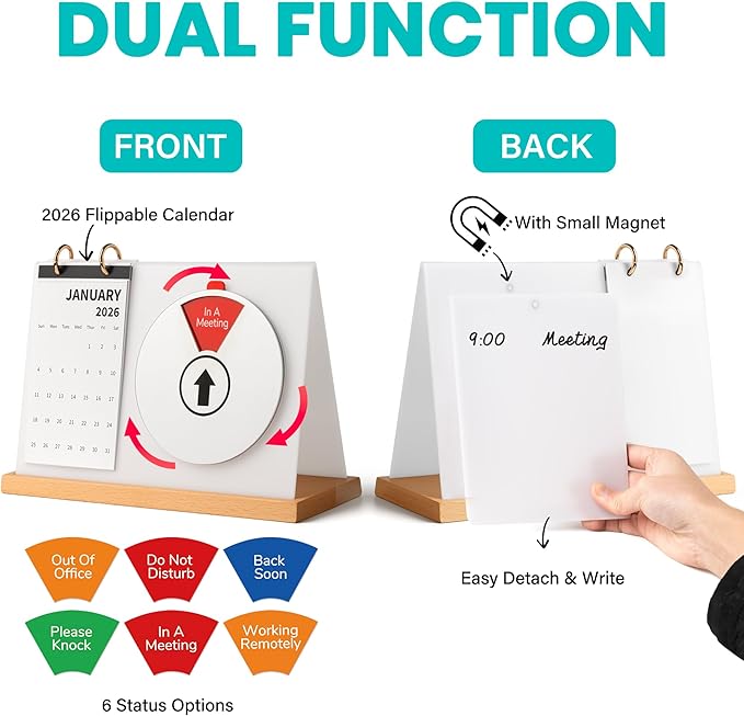 2026 Desk Calendar with Do Not Disturb Sign, 3-in-1 Acrylic Whiteboard & Status Indicator, Flat Solid Wood Office Decor & Desktop Organizer, WFH Essentials & New Job Gift for Coworkers, 10.3x3.5 White