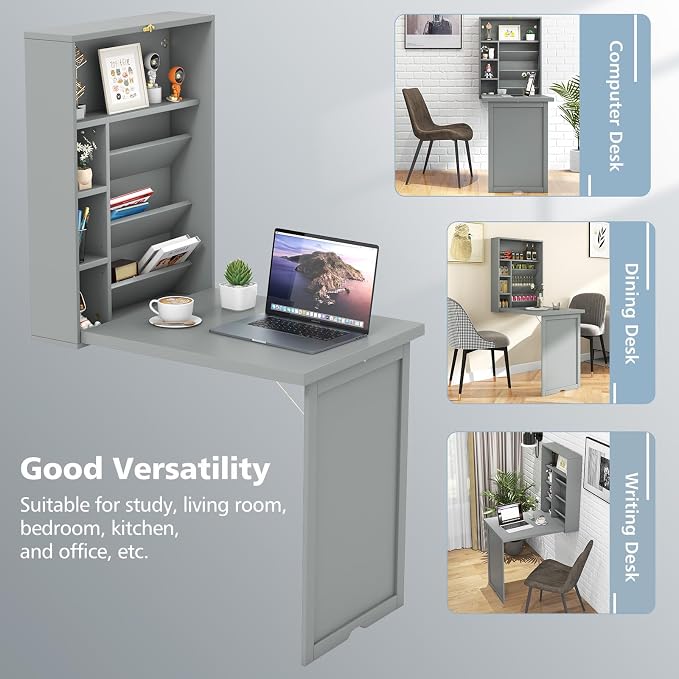 GOFLAME Wall Mounted Folding Desk with 3-Tier Tilt Storage Partition and Adjustable Shelves, Space-Saving Convertible Writing Desk for Home Office, Gray
