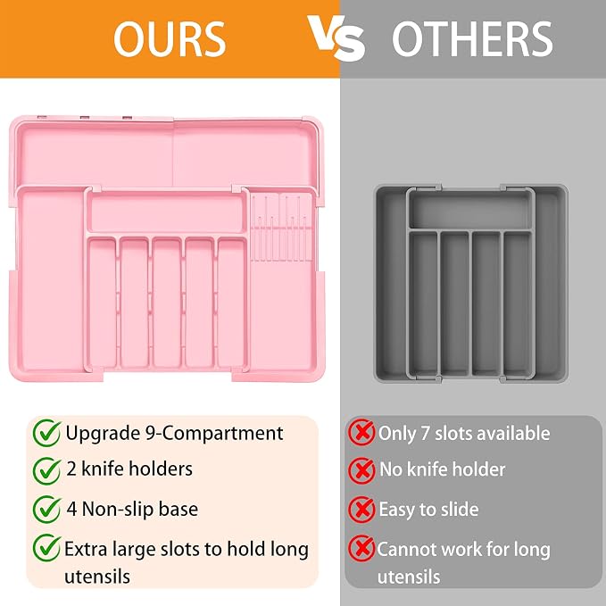 Silverware Organizer - Expandable Large Kitchen Drawer Organizer Utensil Organizer with 2 Knife Block Inserts, 22"x 19"Cutlery Tray with Drawer Dividers for Kitchen Flatware (Pink)