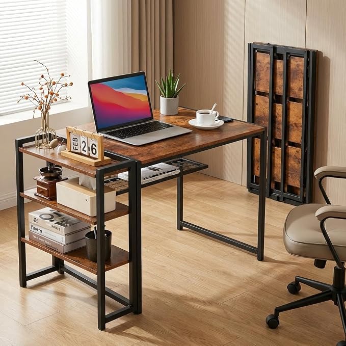Takywep Folding Desk, 35 Inch Foldable Computer Desk with Storage Shelf, Small Computer Desk for Small Spaces, No Assembly Writing Table for Remote Work Corner Reading Room, Brown