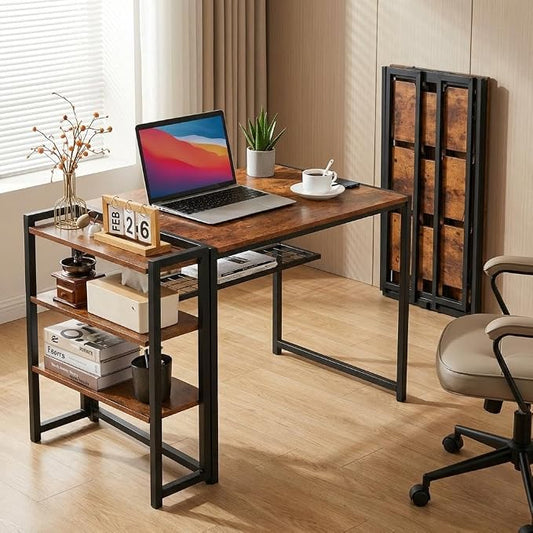 Takywep Folding Desk, 35 Inch Foldable Computer Desk with Storage Shelf, Small Computer Desk for Small Spaces, No Assembly Writing Table for Remote Work Corner Reading Room, Brown