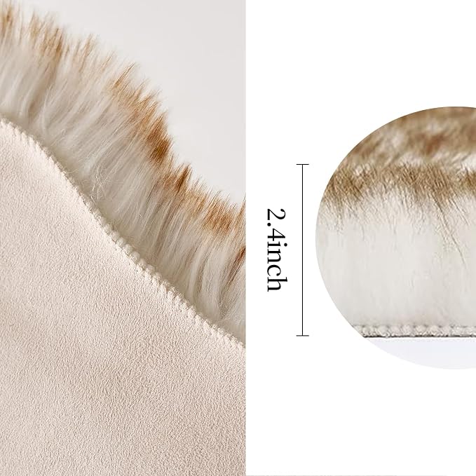 MIULEE 3x5 Feet Faux Fur Sheepskin Rug, Luxury Fluffy Area Rugs - Super Soft Decorative Shag Carpet for Bedroom, Living Room, White and Brown