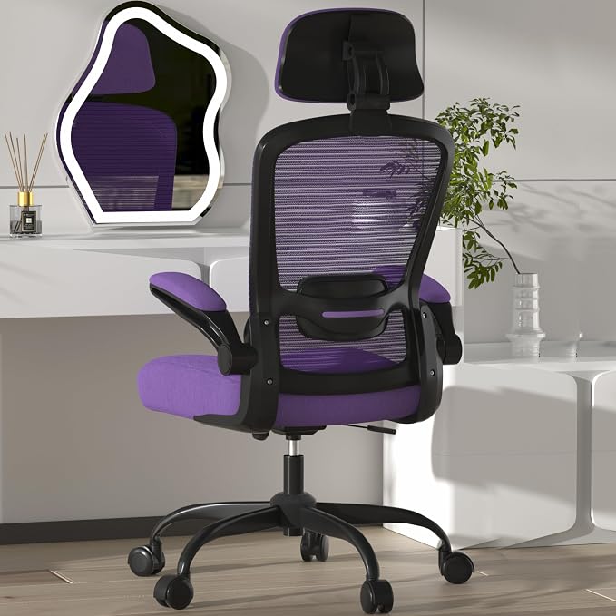 Mimoglad Office Chair, High Back Ergonomic Desk Chair with Adjustable Lumbar Support and Headrest, with flip-up Armrests for Guitar Playing, 5 Years Warranty (Modern, Dark Purple(Black Frame))
