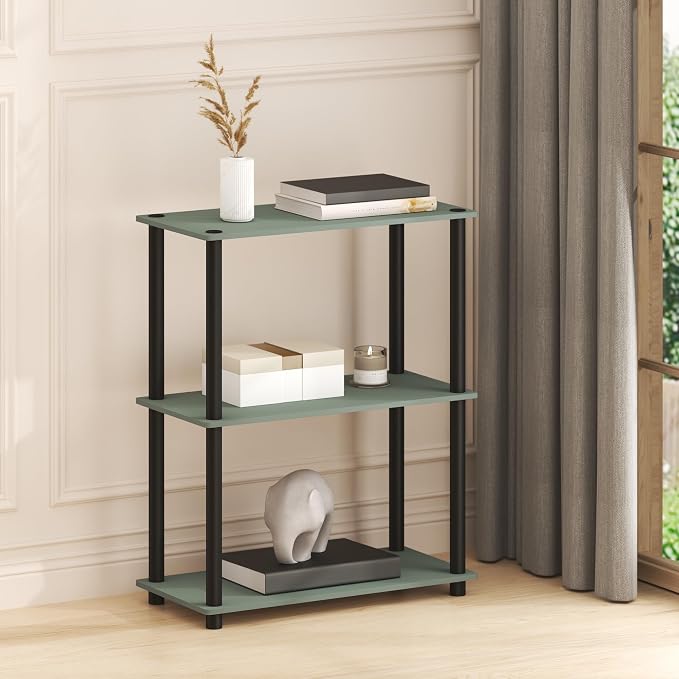 Furinno Turn-N-Tube Storage Shelves, 3-Tier Book Shelf, Corner Shelf, Toolless Open Shelves, for Organization and Storage, Living Room, Garage, Home Office, Sage Green