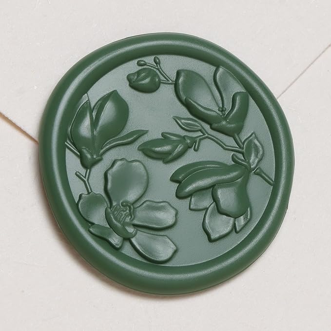 UNIQOOO Wax Seal Stickers - 3D Magnolia Wedding Invitation Envelope Botanical Seal Stickers, 50 Pcs Self- Adhesive Olive Green Sticker, Perfect for Invitation, Christmas, Gift Wrapping, Party