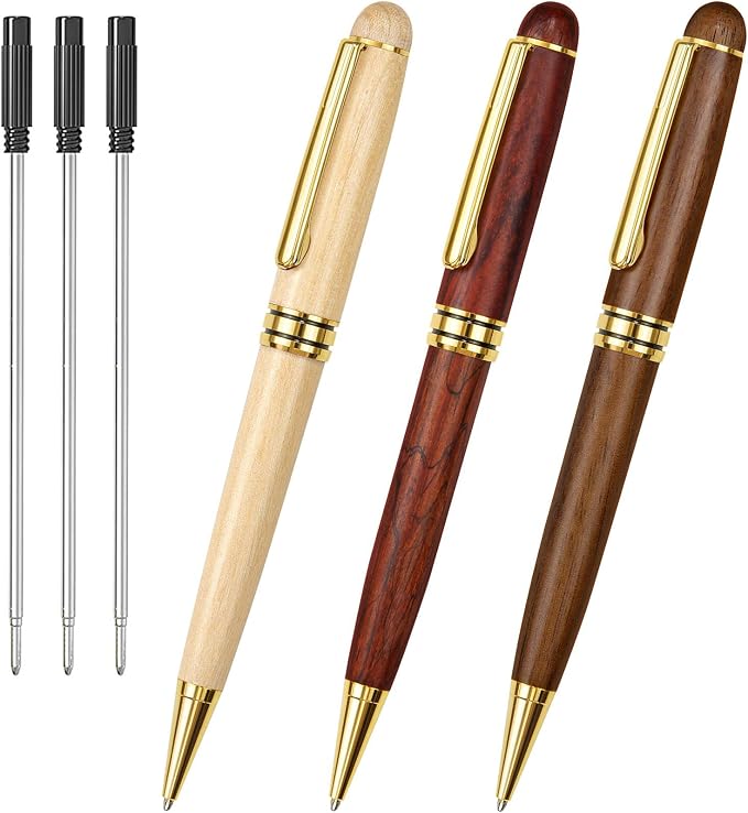 Cambond Wood Ballpoint Pens Gift Set - Luxury Wooden Pens for Men Women Journaling Executive Office, 1.0 mm Medium Point Black Ink, Retractable Twist Writing Pen with Box, 3 Pens with 3 Refills