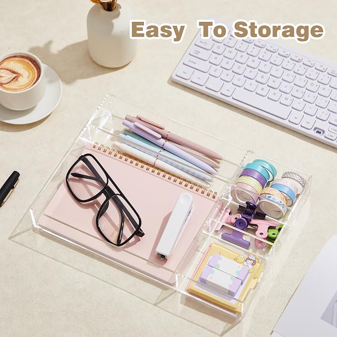 Briwooody Clear Acrylic Drawer Organizer,5 Compartments,Large | 12.2 x 8.27 x 1.77 Inch Desk Storage Tray Organizer for Pen, Stationery, Desktop, Office, Bathroom, Kitchen, Makeup Supplies