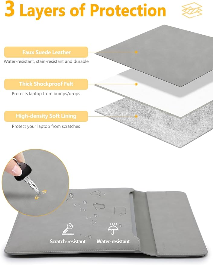 HYZUO 15 Inch Laptop Case Bag Sleeve with Stand for MacBook Air 15 M5 M4 A3241 M3 A3114 M2 A2941 2026-2023, 15" Surface Laptop 7/6/5/4/3, MacBook Pro 15 A1990 A1707 2019-2016, Light Gray