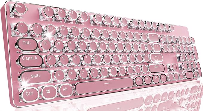 TK950 Typewriter Wireless Mechanical Keyboard, Aesthetic Tri-Mode Bluetooth/2.4G/Wired Retro Punk Typewriter Keyboard with White Backlit, Blue Switch, Round Keycaps for Laptop/Mac/iPad/Win, Pink