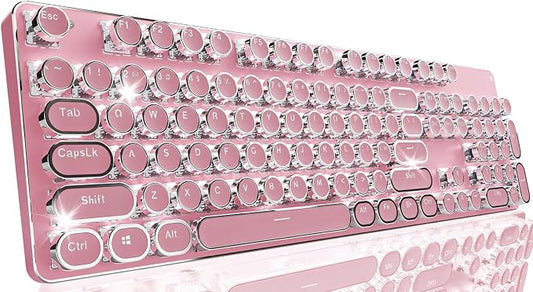 TK950 Typewriter Wireless Mechanical Keyboard, Aesthetic Tri-Mode Bluetooth/2.4G/Wired Retro Punk Typewriter Keyboard with White Backlit, Blue Switch, Round Keycaps for Laptop/Mac/iPad/Win, Pink