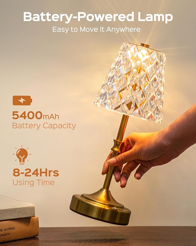 JACKYLED Cordless Lamp Rechargeable, Acrylic Crystal Lampshade, 3 Colors with Built-in Dimmer, 5000 Capactiy Power Operated Wireless Lamp for Kitchen Counter Bedroom Living Room