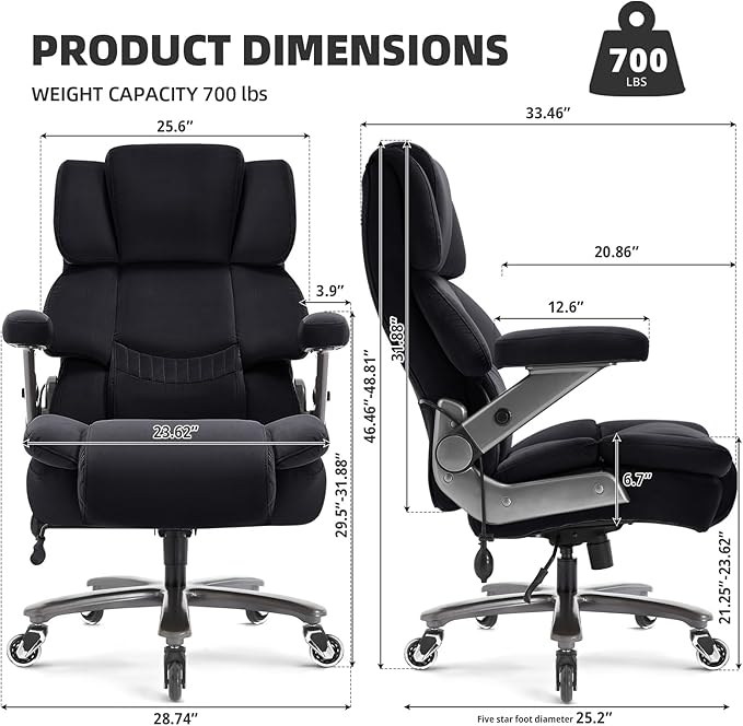VUZI 700LBS Large Heavy Duty Office Chair with 3D Flip Arms, Big and Tall Plus Size Fabric Executive Desk Chairs, High Back Extra Wide Computer Chair with Adjustable Lumbar Support, Sturdy Metal Base