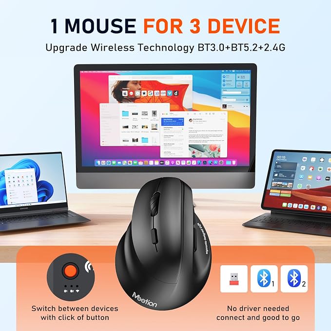 MEETION Left-Handed Ergonomic Mouse, Wireless Vertical RGB Rechargeable Mouse, Bluetooth(5.2 + 3.0) & USB, 4 Adjustable DPI Mice for Mac/Windows/PC/Tablet/iPad Black