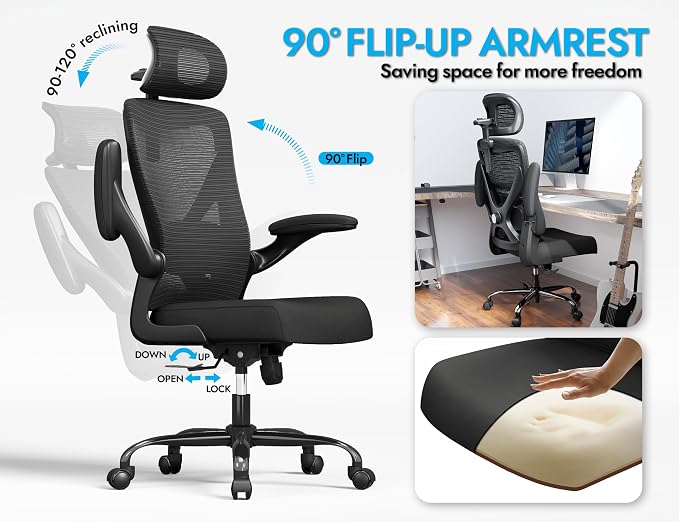 Ergonomic Office Chair: Mesh Desk Chair Comfy with Headrest& Lumbar Support | Ergalithic Big and Tall Office Chairs with Wheels & Flip-Up Arms-Computer Gaming Chairs for Adults Home Office (Full Black)