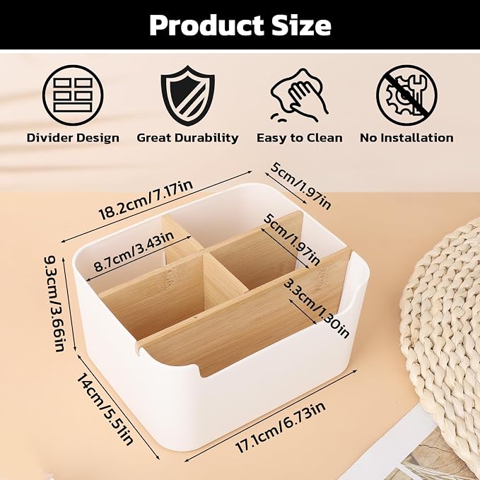 Segarty Desk Storage Box, Divided Bamboo Desktop Organizer, Pencil Holder, Detachable Pen Holder, Remote Control Holder, Cell Phone Box, Modern Wooden Desk Side Organizer for Office Home Accessories