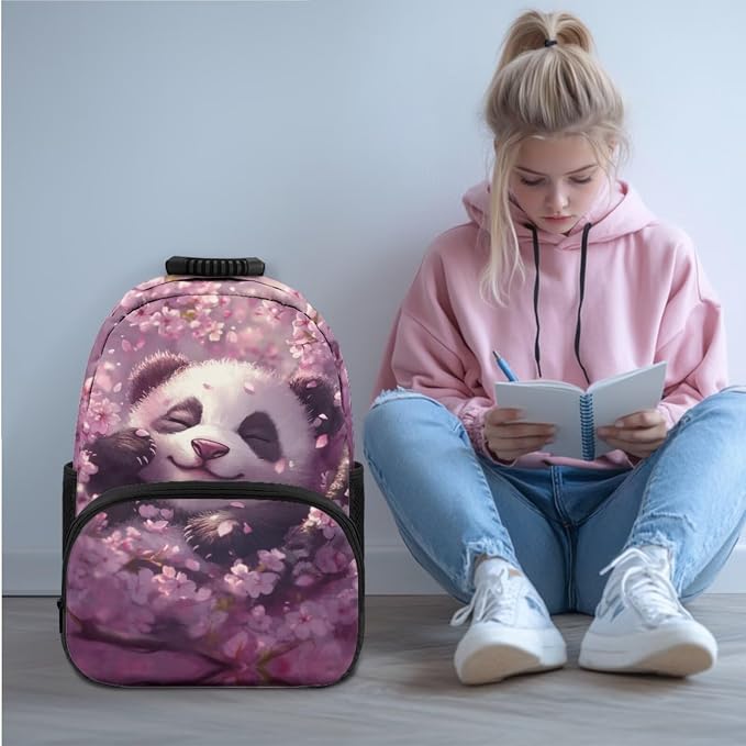 Ystardream Kids Backpack for Girls Cherry Blossom Panda Backpack and Lunch Box Set Large Capacity Elementary School Bookbag with Pencil Case Water Bottle Sleeve 4 in 1 for Teens Back to School Gift