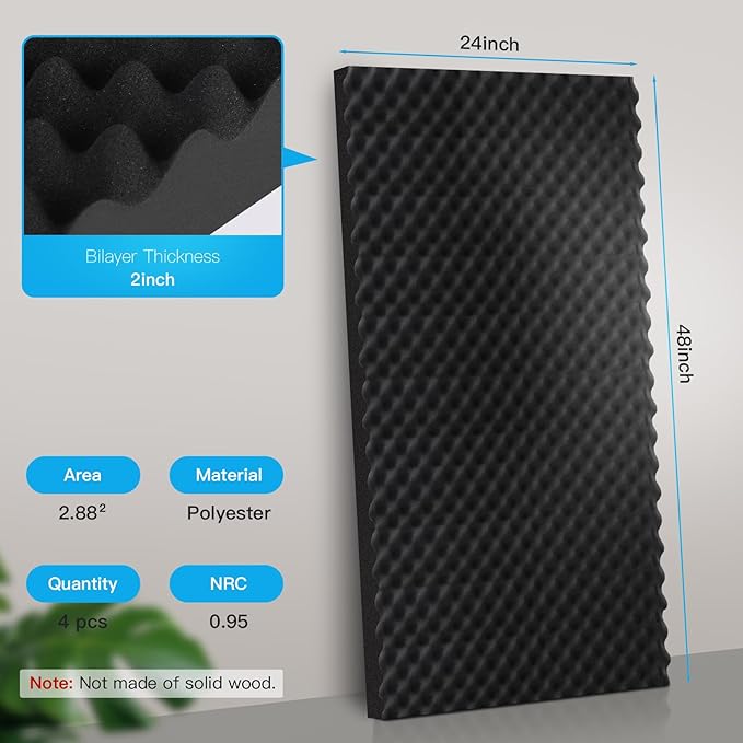 4 Pack-48X24X2 Inches Acoustic Panels, Egg Crate Foam soundproof wall Panels,Sound Proof Foam Panels for Walls, Noise dampening Panels,Sound Panels, Studio Foam for Wall and Ceiling