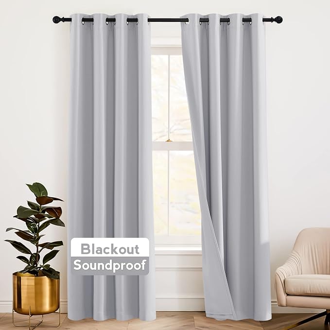 RYB HOME 3 Layer Curtains Soundproof Blackout Thermal Insulated Ideal Window Curtain Set for Baby Nursery Bedroom Living Room Playroom, W 52 x L 108 inches, Sliver Grey, 1 Pair