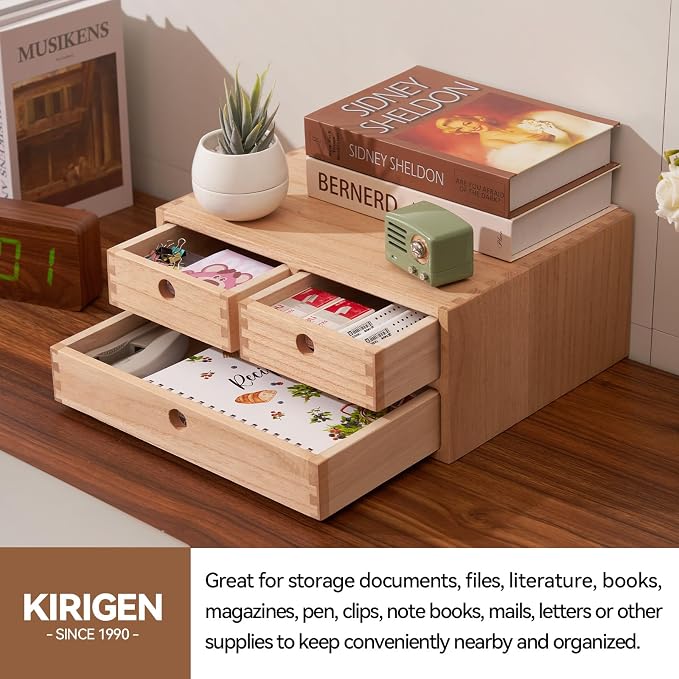 KIRIGEN Wood Desk Organizer with 3 Drawers, Desktop Storage, Natural 23-NA | Wooden Desktop Drawer Hold A4 Papers, Stationery, Jewelry, and Makeup, Fully Assembled for Home Office