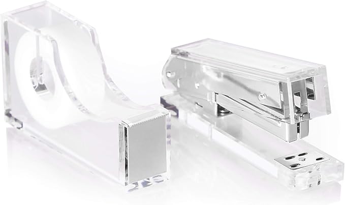 Silver Acrylic Lucite Bundle | Premium Stapler, Tape Dispenser, Scissors, Staple Remover, & Ruler Gift Set | Clear Stationery & Desk Accessories | Modern, High End, Chic, Luxury Office Goods