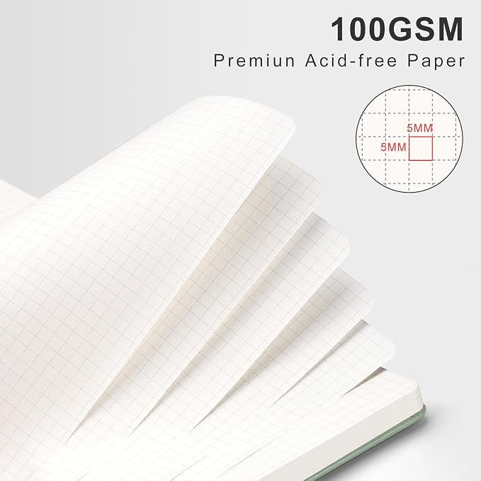 AHGXG Graph Paper Notebook - Spiral Notebook Hardcover Leather Journal 140 Pages, A5 Grid Paper Notebook 5.7" x 8.3", 100 gsm Thick Paper, for School Writing Graphing Engineering, Sage Green