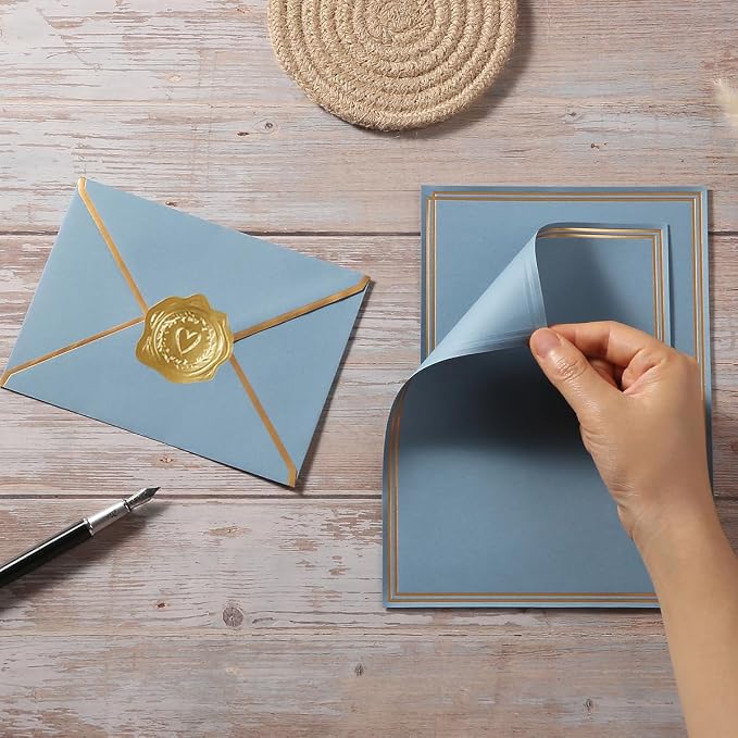 50 Pack Stationery Set with Envelopes, Dusty-Blue, 6x8 Inches | Gold Border, A6 Envelopes 4.75x6.5 inch and 6x8 Paper Sheets, Stickers for Letter Writing, Invitations