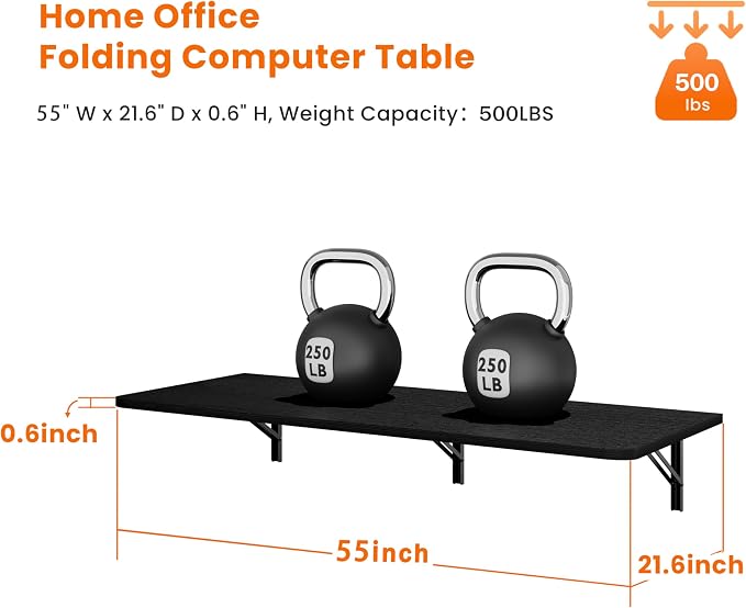 IAE Wall Mounted Floating Foldable Desk, 55" x 22" Folding Computer Workstation Table with Engineered Wood and Metal Shelf Brackets,Fold&Floating Design for Home Office, Apartment,Laundry Room,Black
