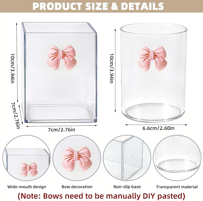 2 Pack Pen Pencil Holder for Desk, Acrylic Desk Organizer with Bow Clear Makeup Brush Holder Cup Desktop Stationery for Office School (Transparent)