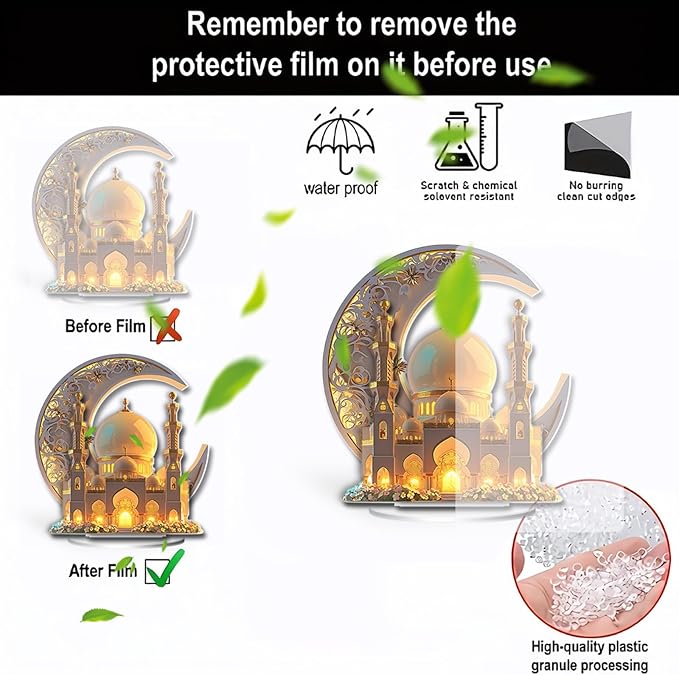 Ramadan Decorations for Home, Ramadan Gifts for Kids, Table Decor, 2D Spray Painted Acrylic Decorative Plaque Crescent and Palace (Desktop Decor-G)