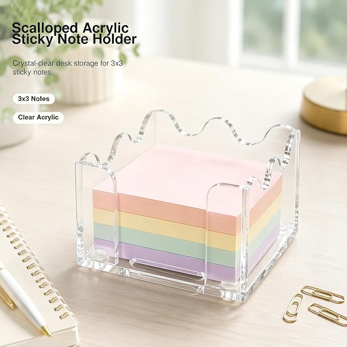 3x3 Inch Scalloped Acrylic Sticky Note Holder, Clear Cute Post It Note Dispenser, Notepad Holder with Wave Design, Thick Acrylic Desk Organizer for Office, Home, Dorm, Classroom (Crystal Clear)