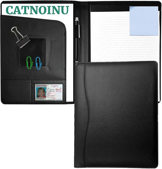 PU Leather Portfolio Folder with 30 Pages Paper Padfolio Business Organizer Document Planner Binder Storage Pocket for Legal Pad Holder Paperwork Phone Men Women (A4, Black)
