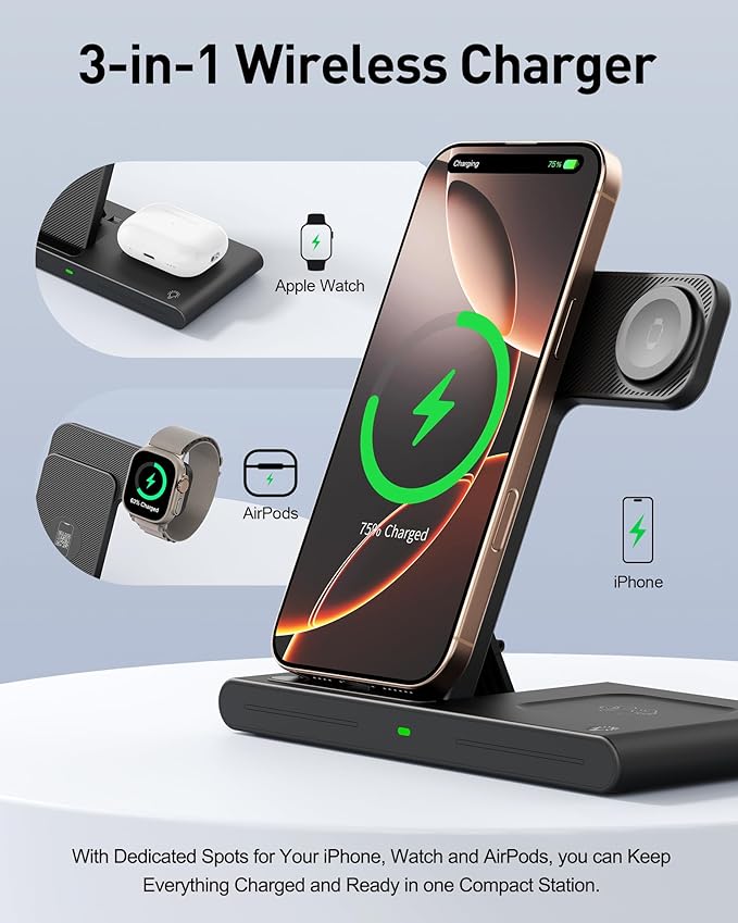 2026 Traveling Portable Wireless Fast Charger for Apple & Android Charging Station, 3 in 1 Charging for iPhone 16 15 14 13 12, Apple Watch Series & Air pods 4 3 2 Pro, Samsung Galaxy-Gifts for Family