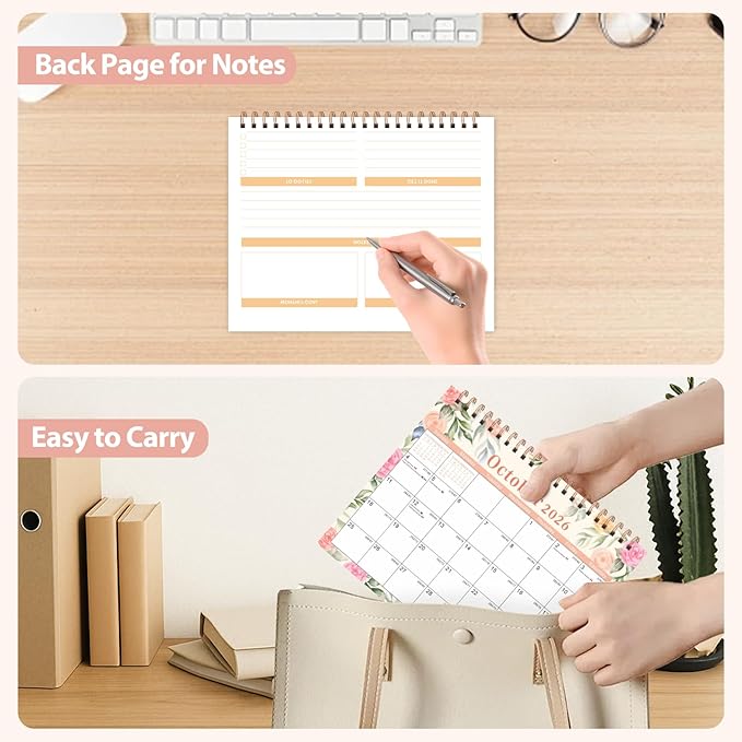 Desk Calendar 2026, Desktop Calendar 2026 Standing Flip Cover 12 Month(January - December), Small Desk Planner with Stickers & Notes for Office Accessories and Home School Supplies, 8" x 6", Floral